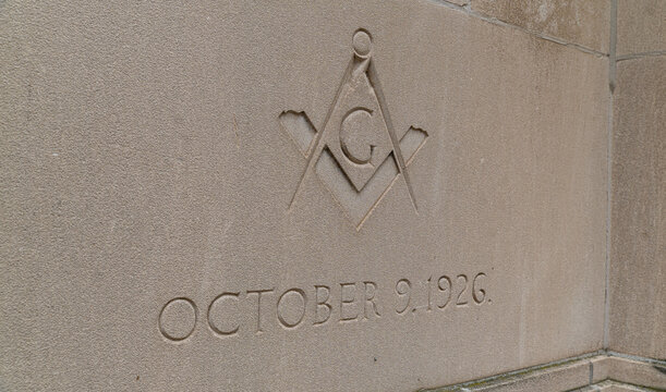 Masonic Square and Compass Cornerstone Carving Dated October 9 1926 on Stone Facade, Trenton New Jersey