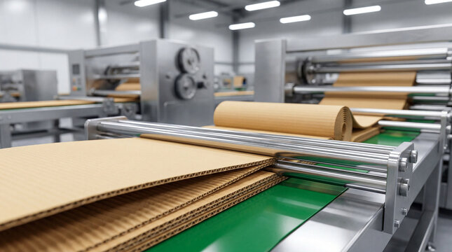 Corrugated cardboard sheets and rolls moving on a factory production line, highlighting modern manufacturing processes for packaging