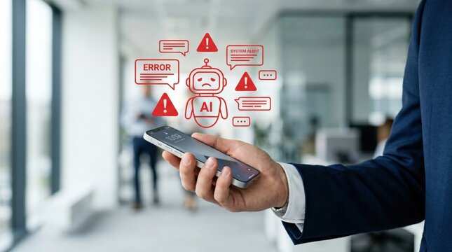 Artificial intelligence robot icon showing error message, system alert warning signs, technical failure concept on smartphone screen, digital technology malfunction and software