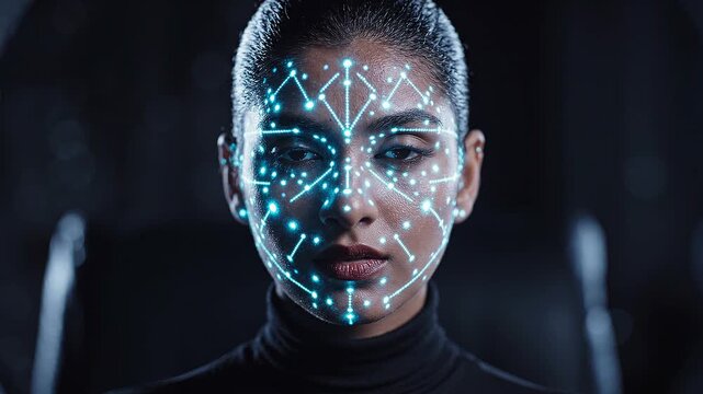 Woman with glowing blue facial grid and dark background