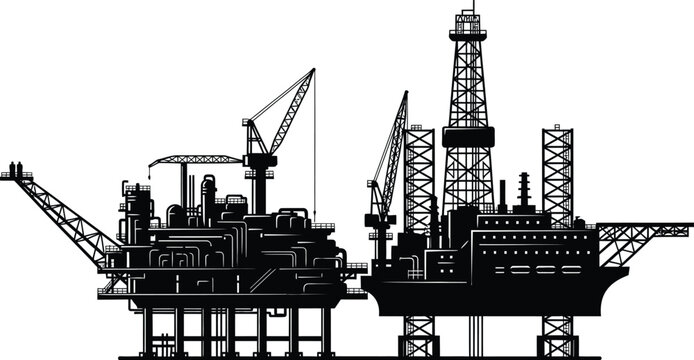 Black silhouette vector illustration of an offshore oil rig featuring sea drilling platform cranes pipelines and heavy petroleum industry extraction structure