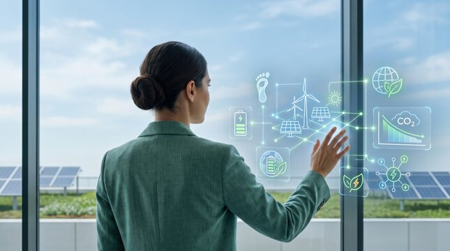 Business woman touching hologram with renewable energy icons, wind turbine and solar panel, sustainability concept, green technology for carbon footprint reduction in modern