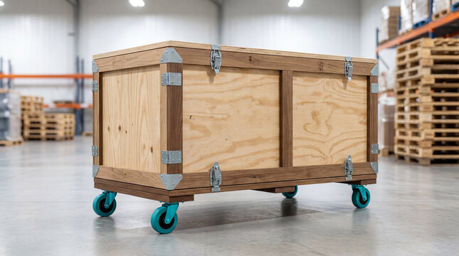 Sturdy wooden crate on vibrant teal wheels in a modern warehouse, perfect for storage, shipping, and logistics