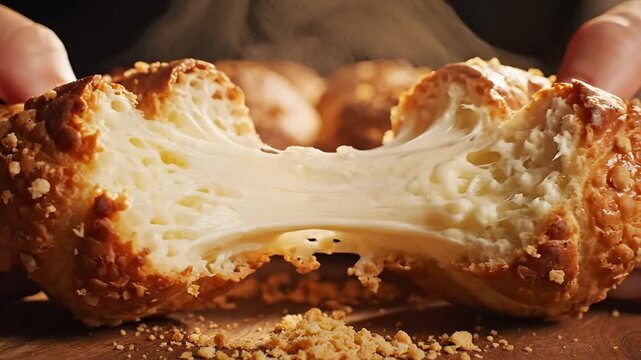 Hands Tearing Apart Delicious Cheesy Bread Revealing Molten Cheese Pull.