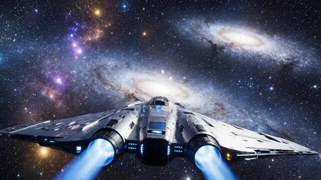 Futuristic spaceship traveling through a vibrant galaxy at warp speed.