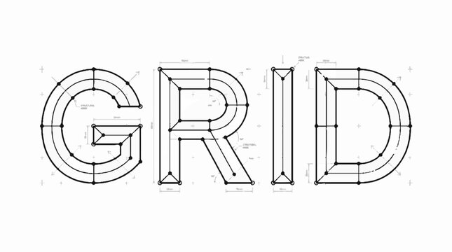 Technical drawing of the word GRID with structural dimensions and engineering guidelines