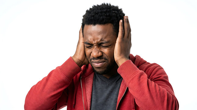 Man in red jacket holding head