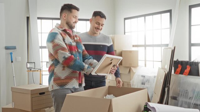 Two men packing a cardboard box and lifting a framed picture in a bright building; cooperation home move.
