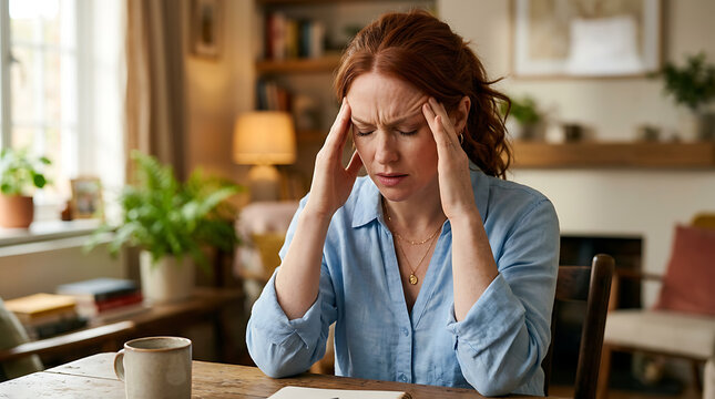 Woman holding head in apparent discomfort
