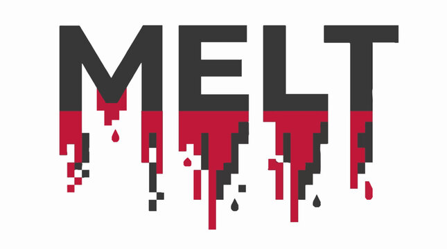 Typography design of the word MELT with a pixelated dripping effect in black and red colors on a white background for graphic design projects