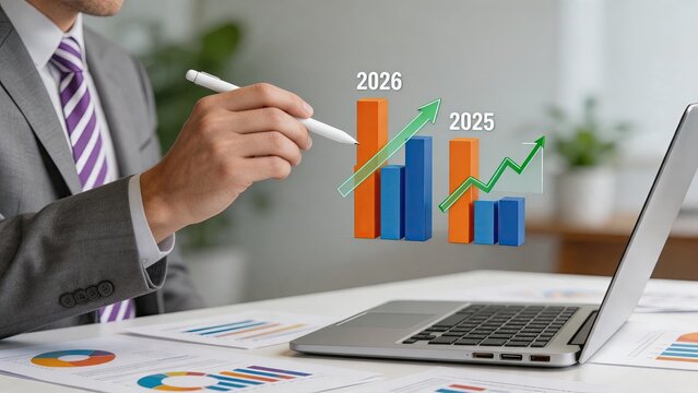 Businessman analyzing future growth charts for 2025 and 2026, financial strategy planning with digital bar graphs showing upward trends and success projections in modern office