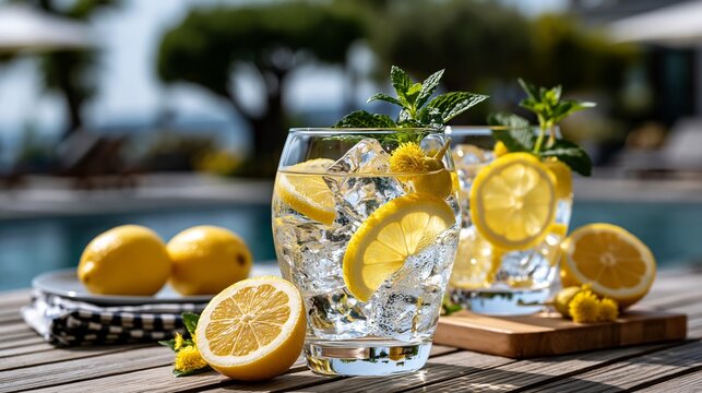 Refreshing drinks with lemons and mint by the poolside on a bright sunny day