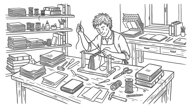A man works on a bookbinding project in a cluttered workshop surrounded by graphic tools.