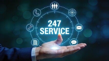 Fototapeta premium Twenty-four seven service concept illustration with hand holding glowing holographic icons representing customer support, communication channels, maintenance and global