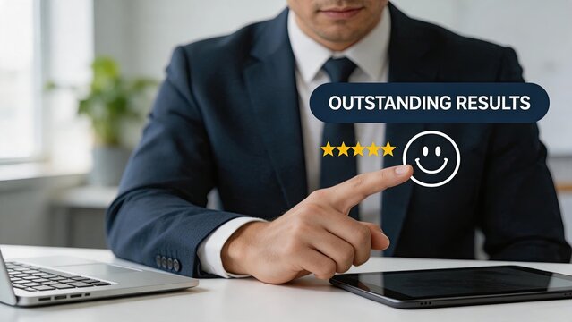 Businessman touching virtual screen showing outstanding results, five stars rating and smiley face icon, customer satisfaction concept