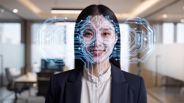 Woman in dark blazer with glowing blue circuit patterns and green checkmark overlay