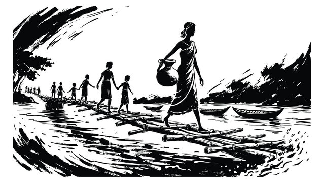 Person crosses river with family on wooden logs near cabin scene