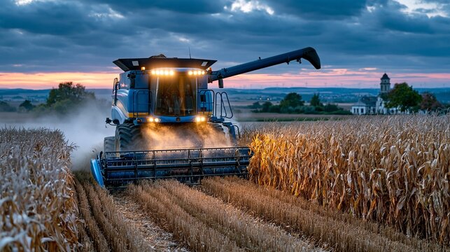Harvesting corn in a field during sunset with a combine harvester in operation near a farmhouse