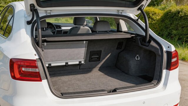Open trunk of white sedan showing empty luggage compartment, rear seats folded down for cargo storage, automotive interior detail, vehicle utility and practicality concept