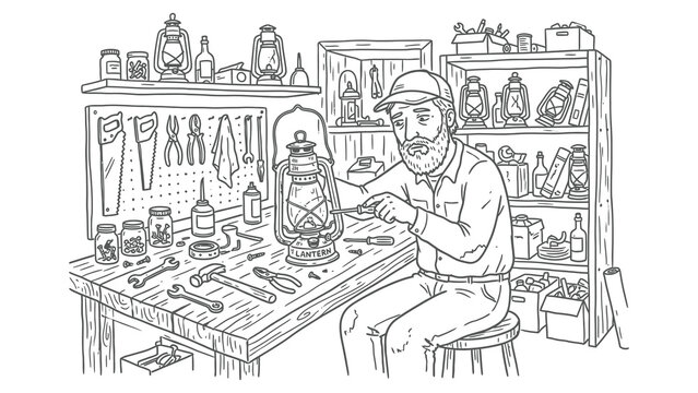 A man working on a project at his cluttered workshop table indoors