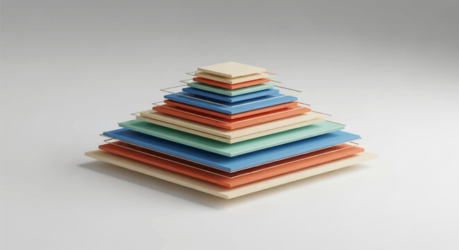 Minimalist 3D rendering of a layered pyramid structure composed of colorful square platforms in beige, blue, and terracotta with gold wire frames on a neutral light grey background.