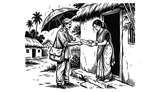 Man holds umbrella for woman handing over papers outside rural hut
