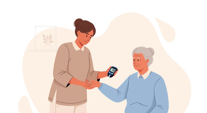 Home healthcare: young woman checks senior's blood sugar with glucometer