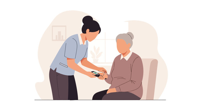 Nurse checks elderly woman's blood sugar with glucometer at home