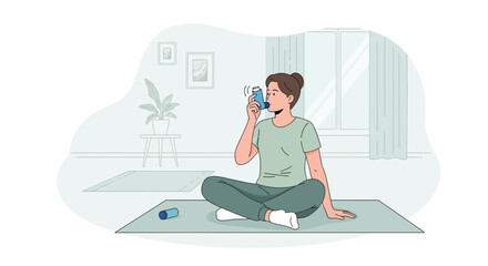 Fototapeta premium Woman using inhaler, asthma relief, home wellness