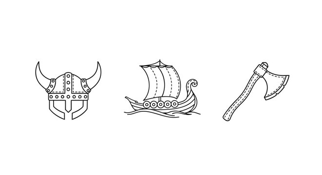 Illustration of Viking Helmet Ship and Battle Axe Symbols.