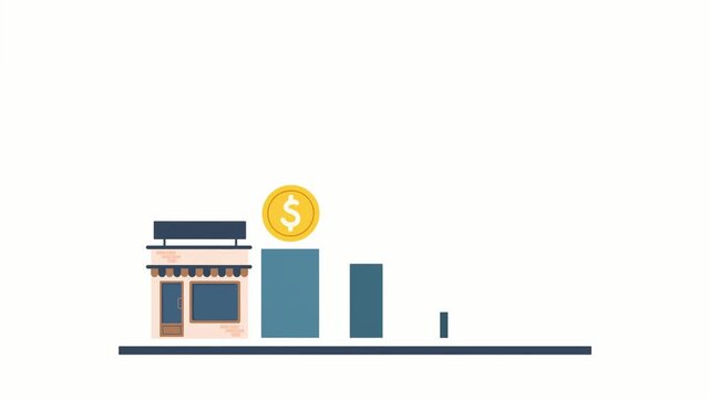Business Decline Illustration: A symbolic illustration depicting a storefront with a descending bar graph and a falling coin, representing economic downturn or business loss.