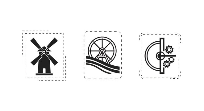 Three vintage mechanical icons in simple line art style.