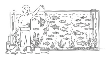 Obraz premium Man feeding fish in a large aquarium with plants and equipment