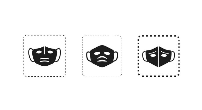 Three different black protective face mask icons set.