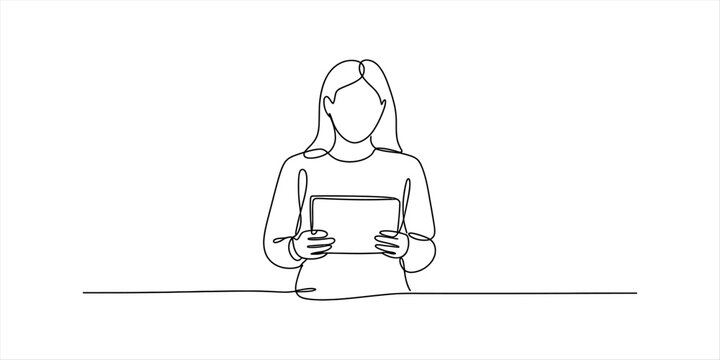 Woman holding a tablet computer, continuous line art