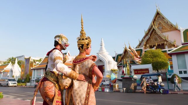 Traditional Thai Khon Dancers Perform at Wat Suthat in Bangkok