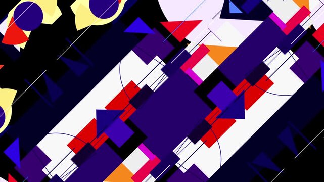 斜めに走る太い白ラインと、鮮やかな赤や紫の幾何学パターン。スピード感とテクノロジー、データフローを表現したモダンな抽象グラフィック背景