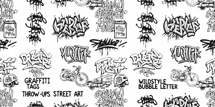 Graffiti tags and bicycle illustrations a seamless black and white pattern