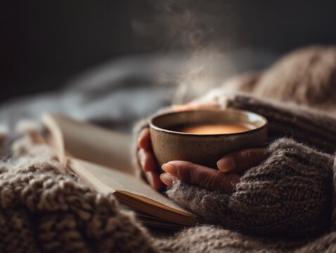 Cozy moment with a steaming cup of coffee and a book on a cold day.
