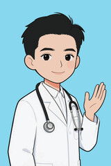 Fototapeta premium Cartoon male doctor wearing white coat and stethoscope waving hand
