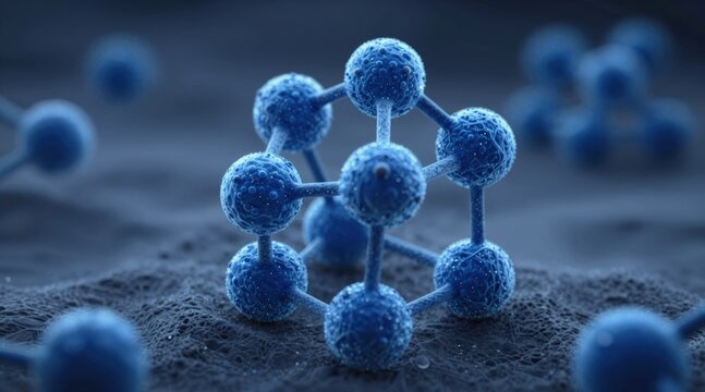 clean, scientific 3D render of transparent blue molecules in a tetrahedral arrangement, symbolizing chemistry, biotechnology, and medical innovation with a dark, futuristic aesthetic