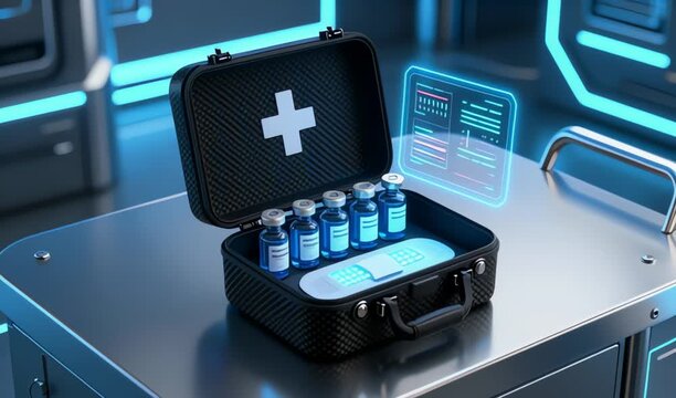 Medical First Aid Kit with Vials and Digital Interface in Futuristic Laboratory Setting