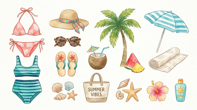 Summer beach essentials with swimsuits accessories and tropical elements