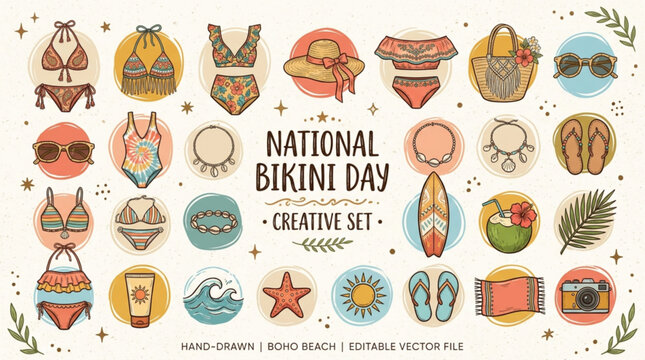 Hand drawn boho beach bikini icons collection for national bikini day summer fun and lifestyle