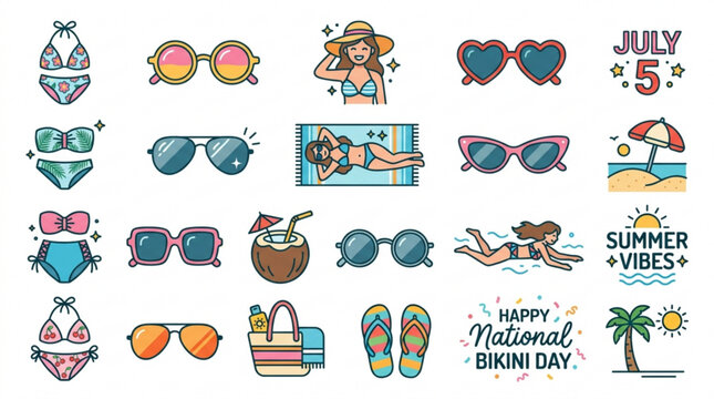 Colorful summer icons featuring bikinis sunglasses and beach accessories on white background
