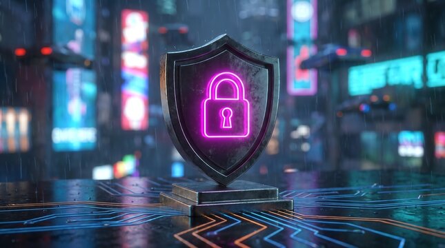 Cybersecurity concept A neon lock shield representing digital security and data protection in a futuristic city