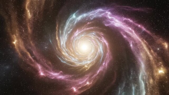 Abstract spiral vortex glowing softly in space with colorful nebula clouds and stars in a galactic background, featuring pink, blue, and gold wisps orbiting a bright central light.