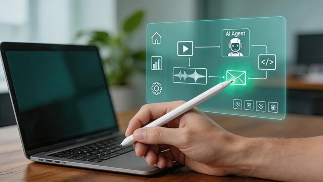 Digital workflow automation with AI agent on laptop screen, holographic interface showing video audio processing and coding tasks for modern business productivity and software