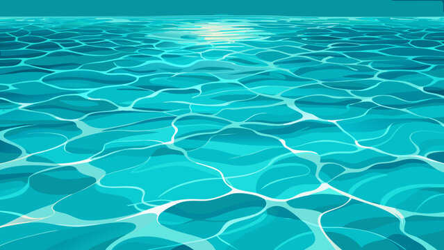 Rippling turquoise ocean water surface with sun glare turquoise sunlight reflection abstract background caustics transparent illustration refraction rhythmic