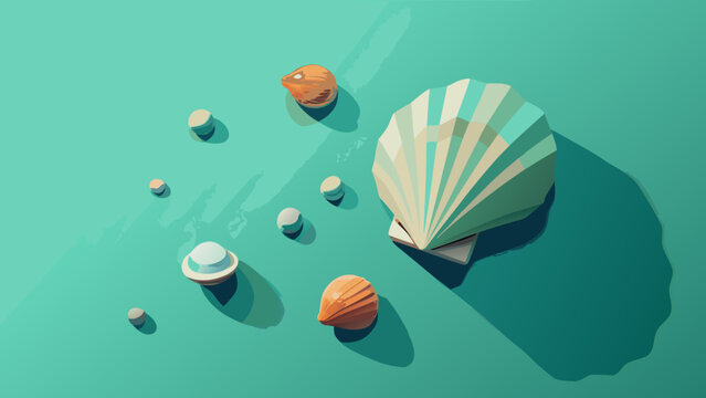 Stylized illustration of seashells and pearls arranged on turquoise background with seashell turquoise gastropod seashore vacation tropical background illustration sunlight wildlife creature